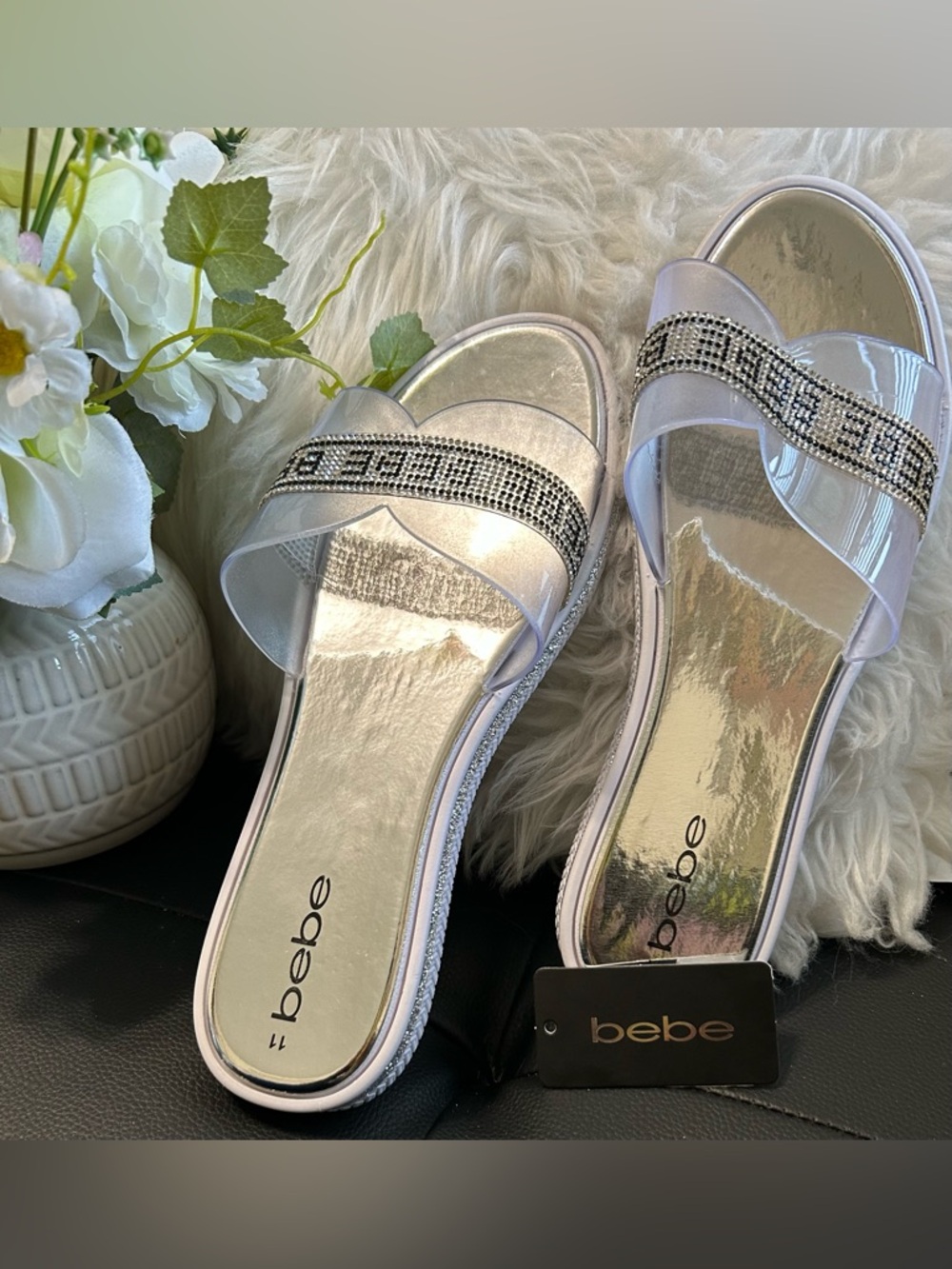 NWT Bebe Silver Rhinestone Topper Slide Sandals with Clear Strap Size 11